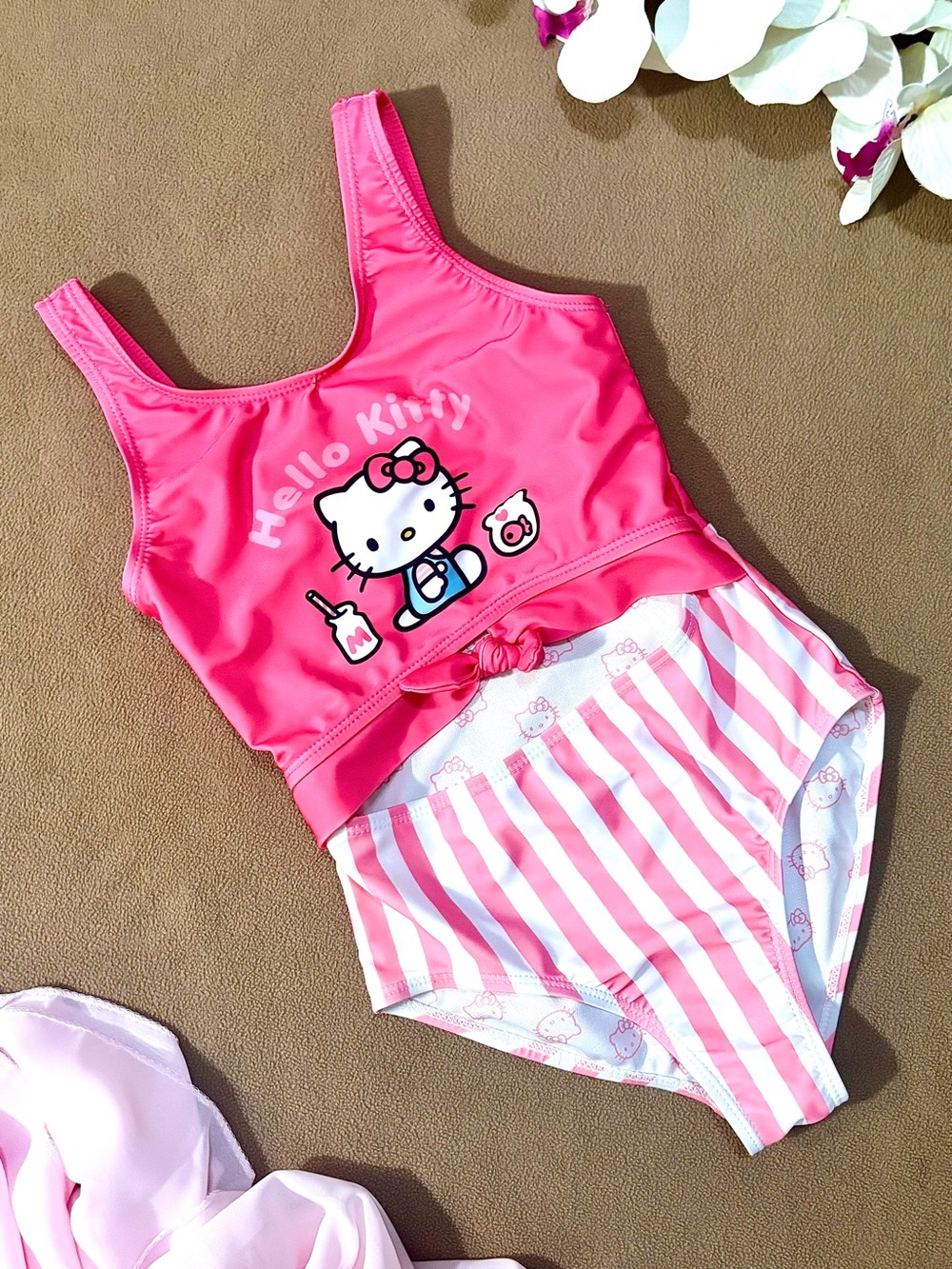 Hello Kitty Girls Pink Striped Graphic One‑Piece Swimsuit Small (6/6X)